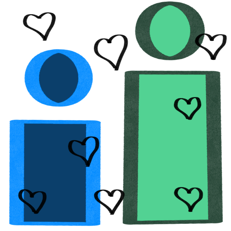 A simple drawing of two people standing next to each other surrounded by hearts. The blue person on the left is a much smaller and only comes up to about shoulder height of the green person standing next to them. Both people have rectangle bodies and circles for heads. 